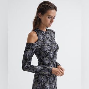 REISS Anja metallic jacquard midi dress shoulder back cut out shell print Small